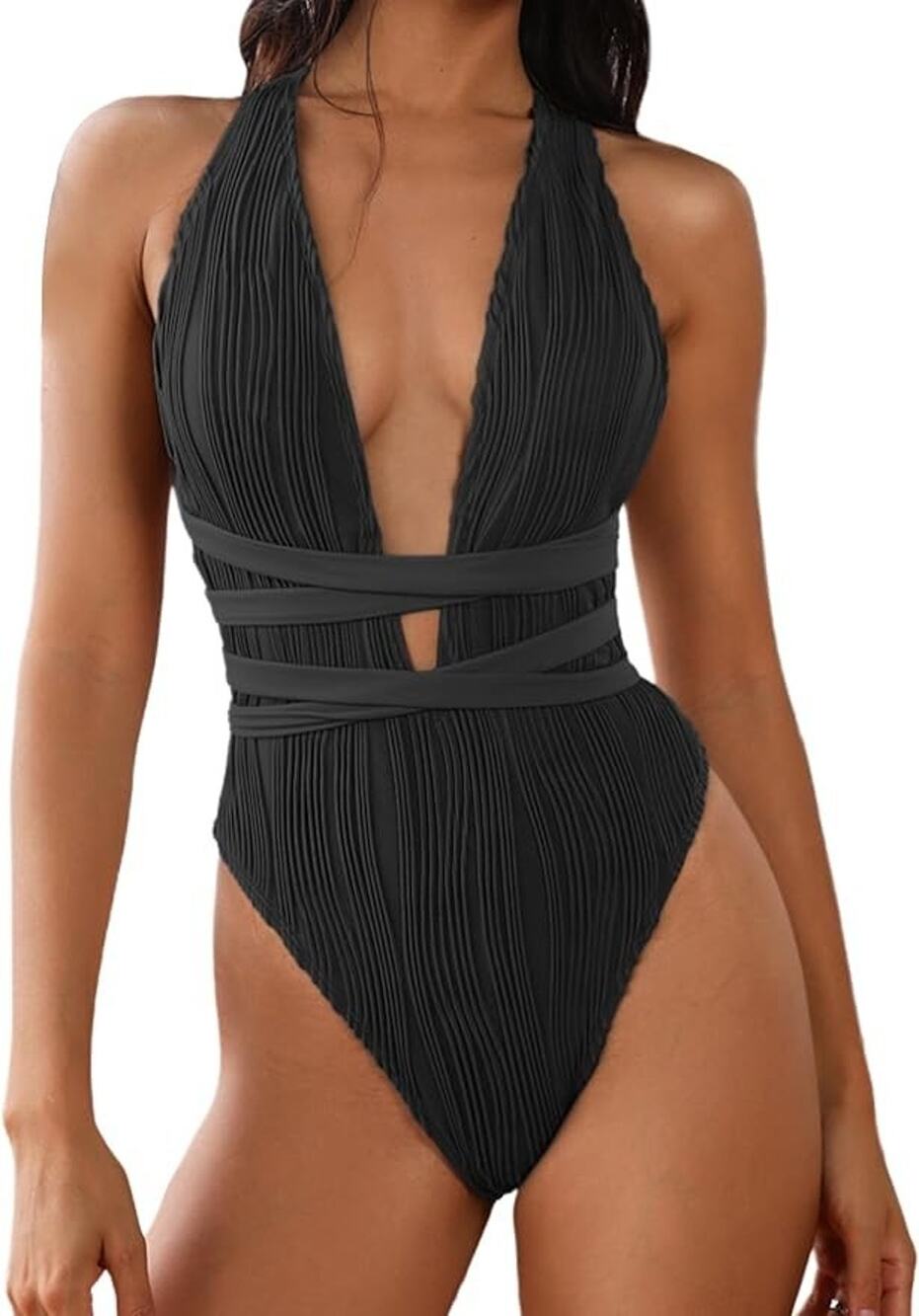 ZAFUL Women's One Piece Swimsuit Deep V Neck Ribbed Self Tie Black L